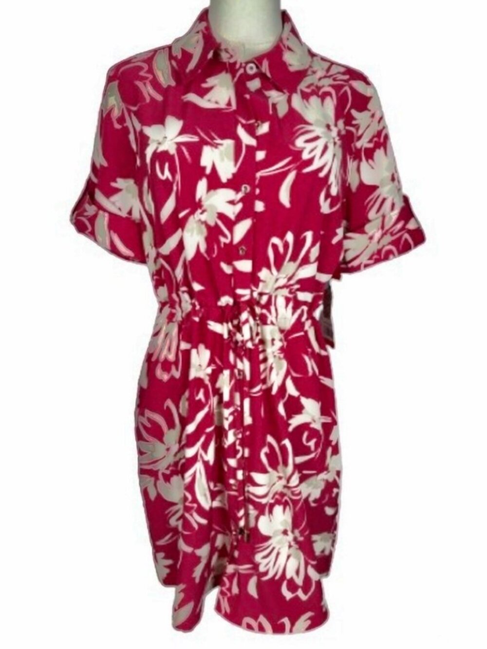 Women's Halston Pink (Fuchsia) Floral Button-Down Collared Dress